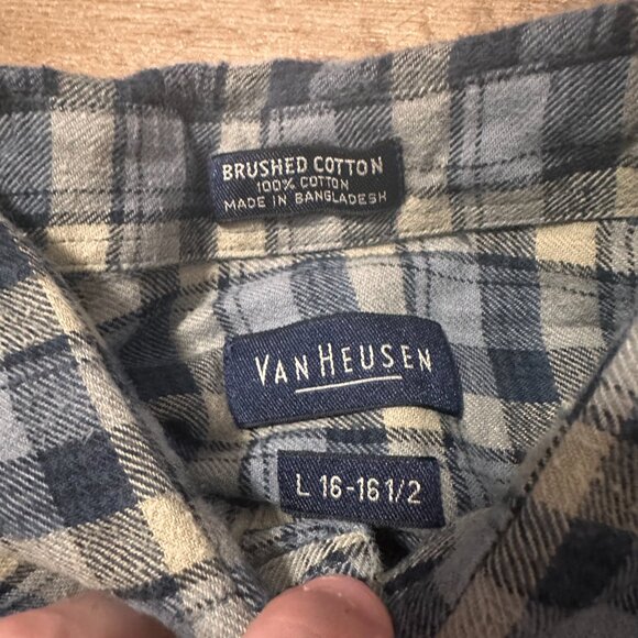 Van Heusen Casual Button Down Mens Large Beige Blue Plaid Brushed Cotton Flannel - Picture 2 of 5